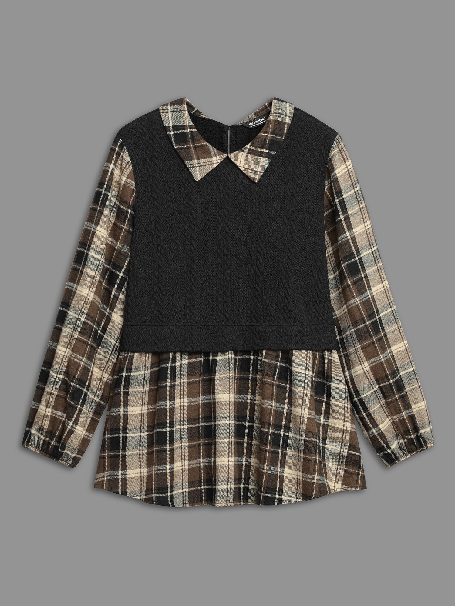 Plaid Patchwork Texture Lantern Sleeve Blouse