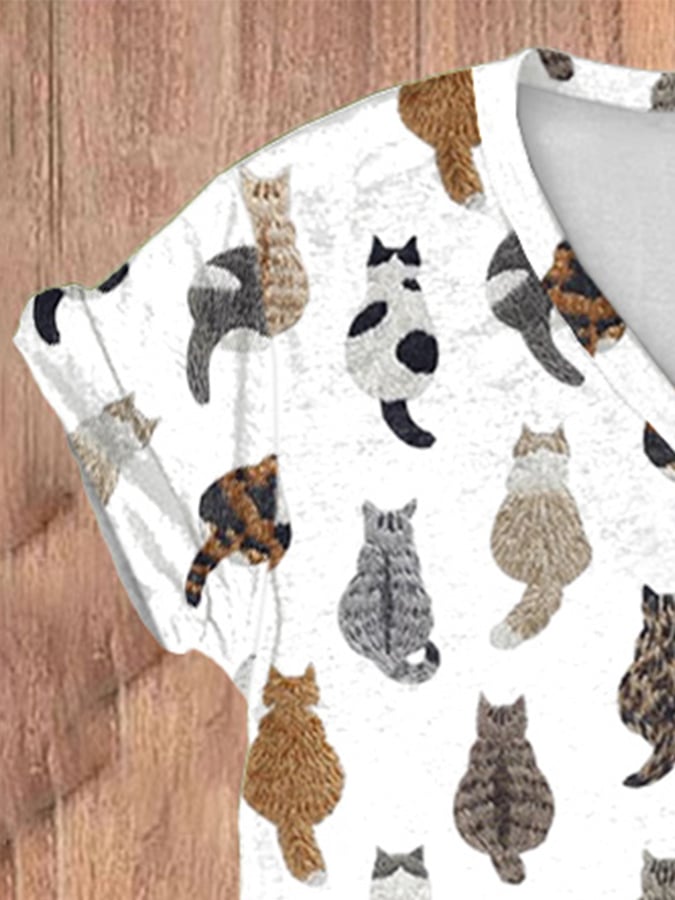 Women'S Cute Cats Embroidery Print T-shirt