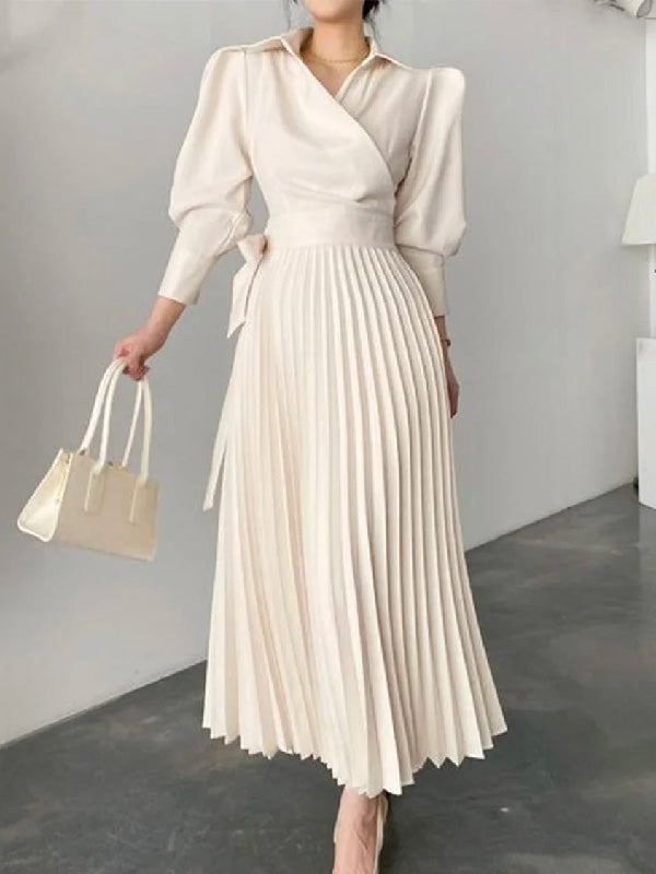 Office Pleated Asymmetric Solid Color Lapel Maxi Dresses