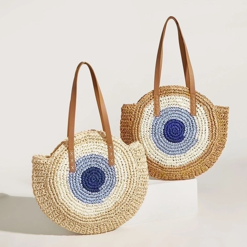 Women's Medium Straw Geometric Vintage Style Weave Round Zipper Straw Bag