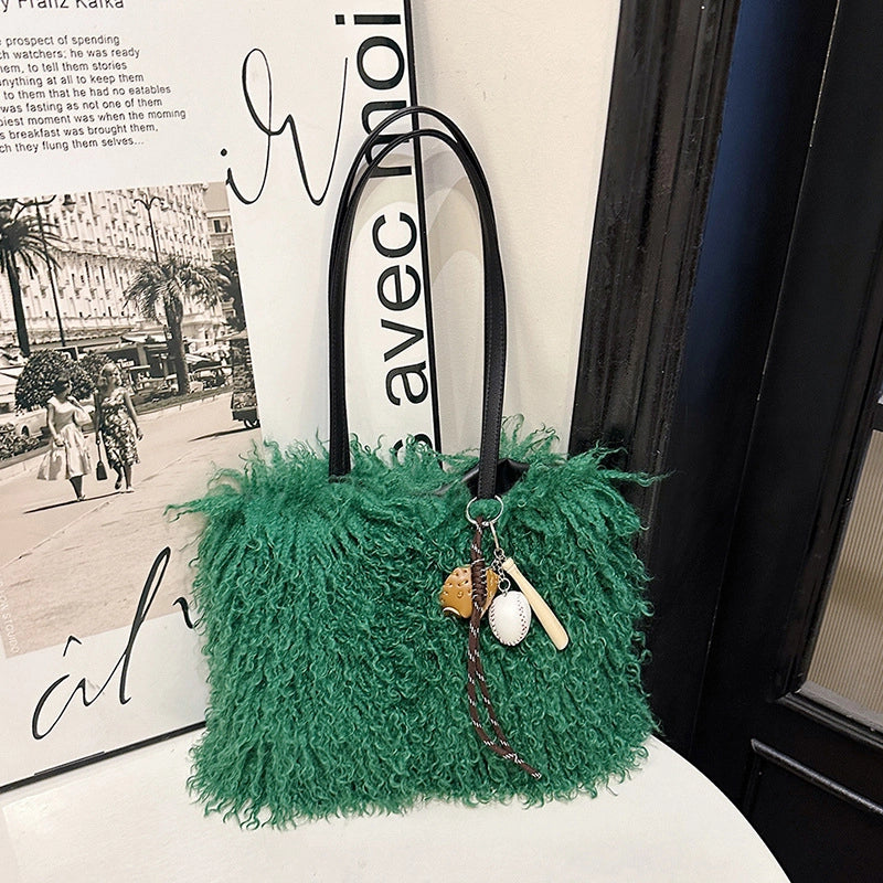 Women's Plush Solid Color Streetwear Sewing Thread Square Magnetic Buckle Shoulder Bag
