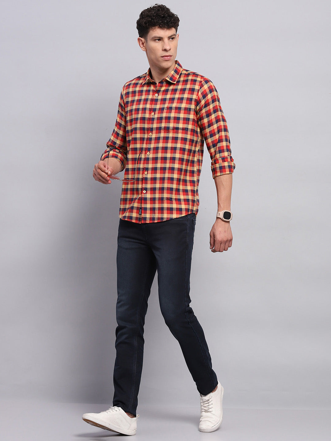 Men Red Check Collar Full Sleeve Shirt