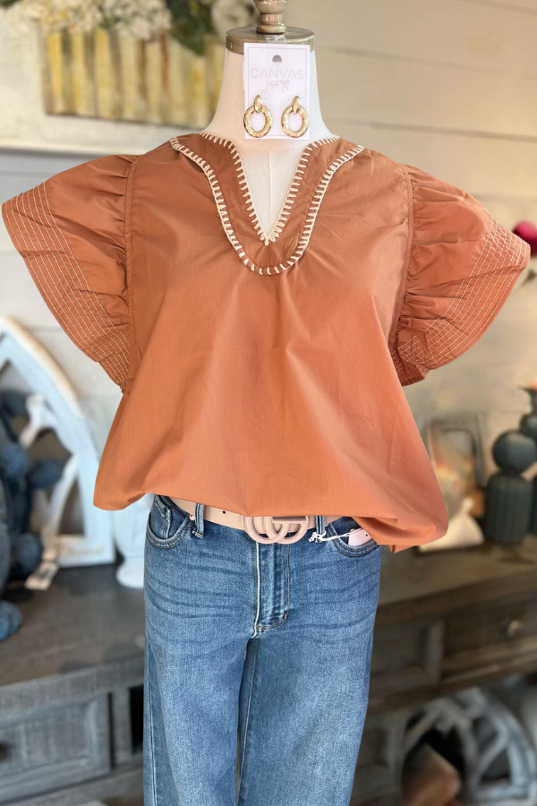 Ruffle Sleeves Stitched V-Neck Top