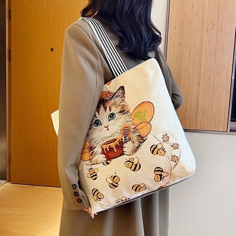 Unisex Vintage Style Cat Flower Canvas Shopping Bags