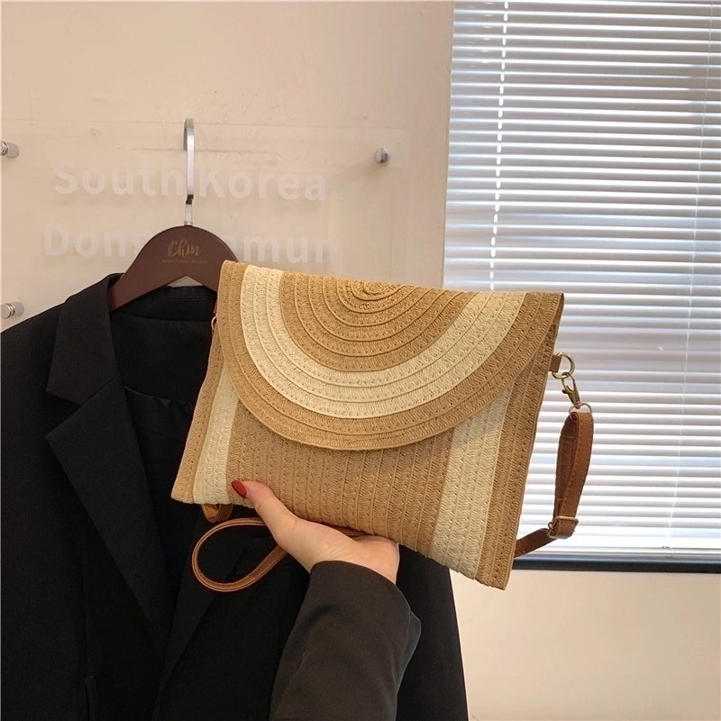 Women's Paper String Solid Color Vacation Square Magnetic Buckle Straw Bag