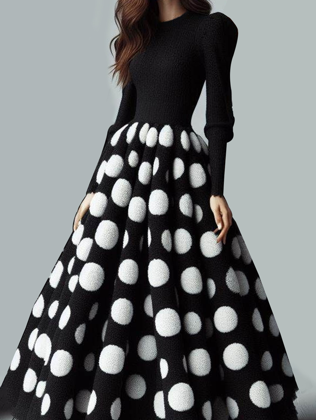 Formal Polka Dots Long Sleeve Maxi Dress