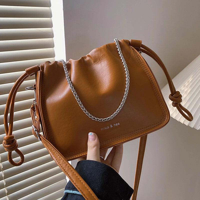 Women's Pu Leather Solid Color Elegant Bucket String Shoulder Bag Crossbody Bag