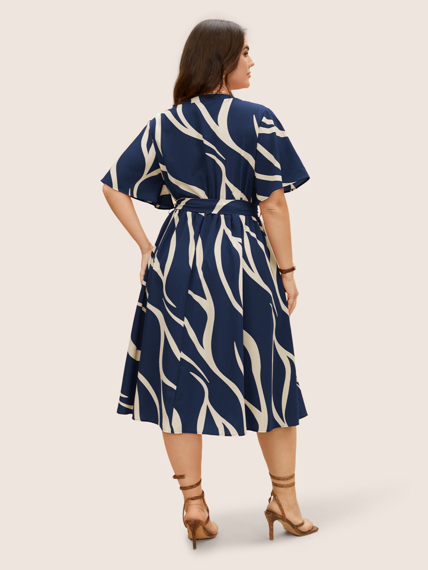 Geometric Surplice Neck Tie Knot Midi Dress