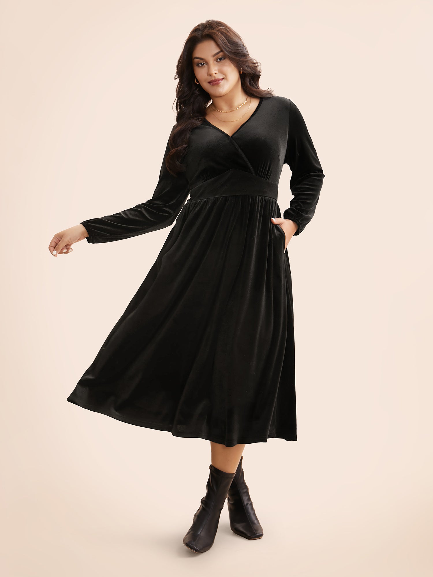 Velvet Overlap Collar Shirred Gathered Dress