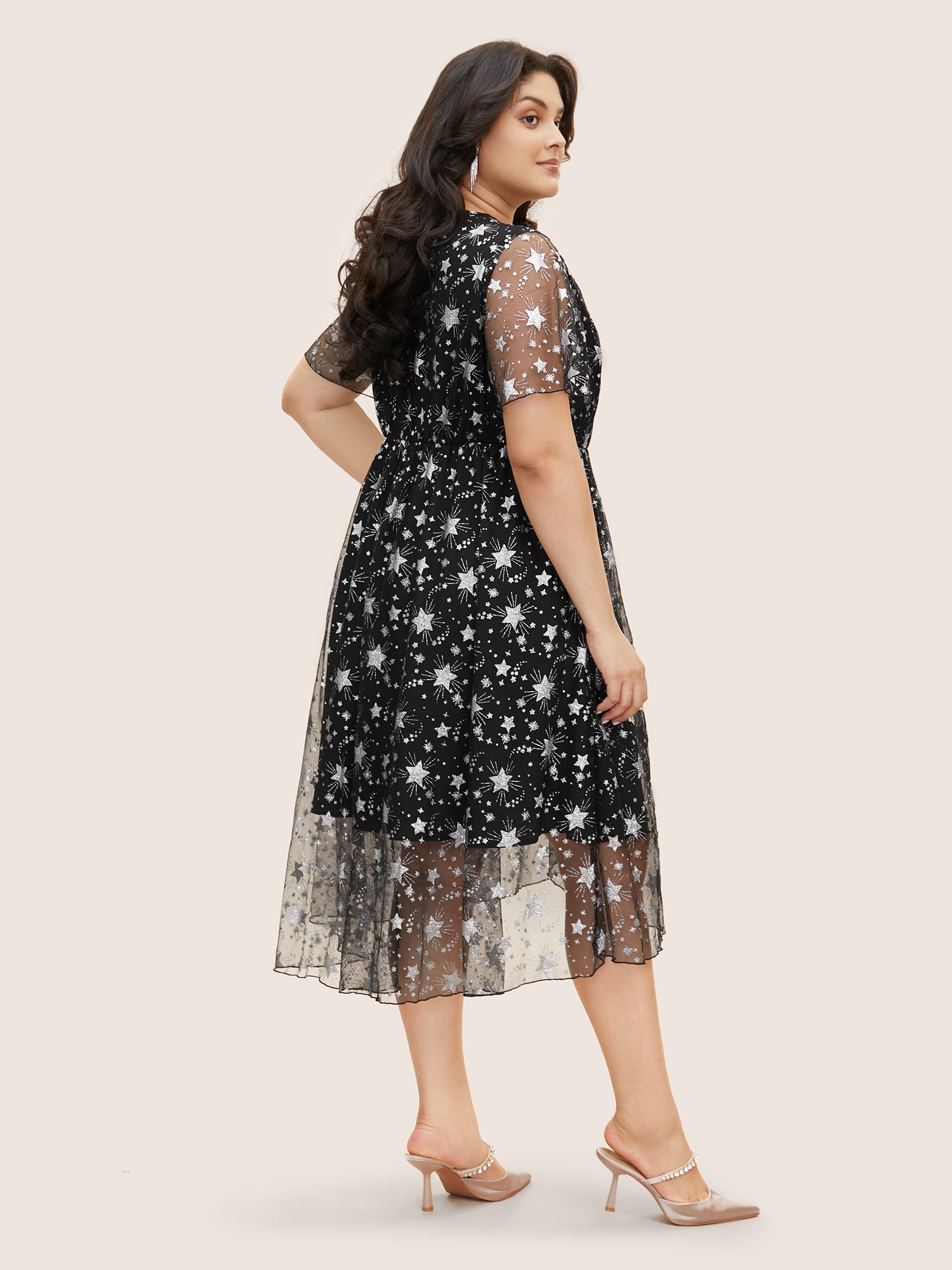 Glitter Star Mesh Patchwork Ruffle Sleeve Dress