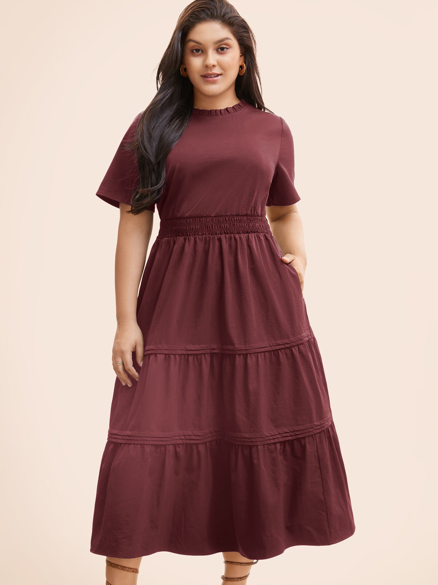 Plain Frill Trim Ruffle Layered Hem Dress