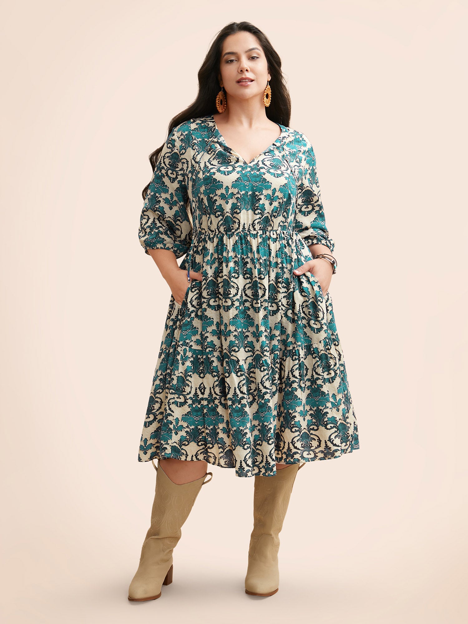 Boho Print Tie Knot Puff Sleeve Dress