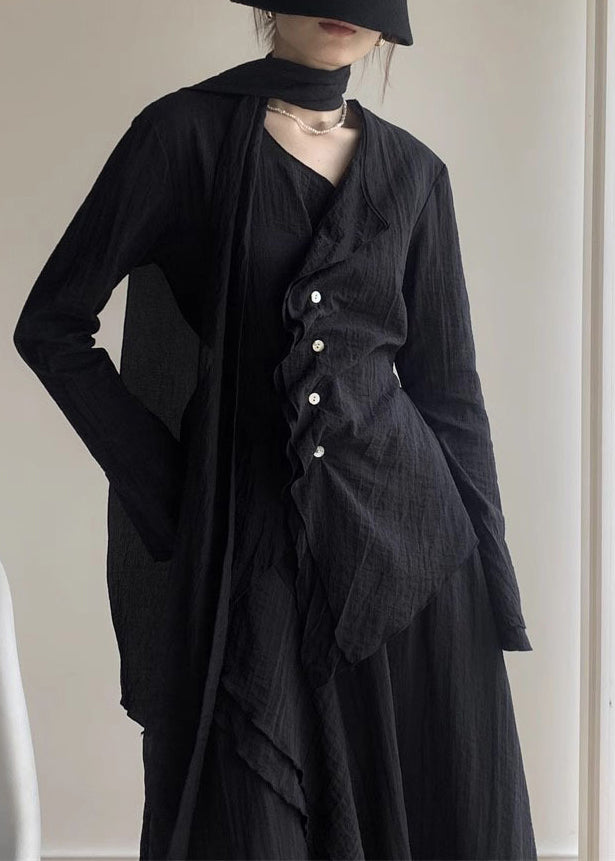 Casual Black V Neck Shirt And A Line Skirts Two Piece Set Spring