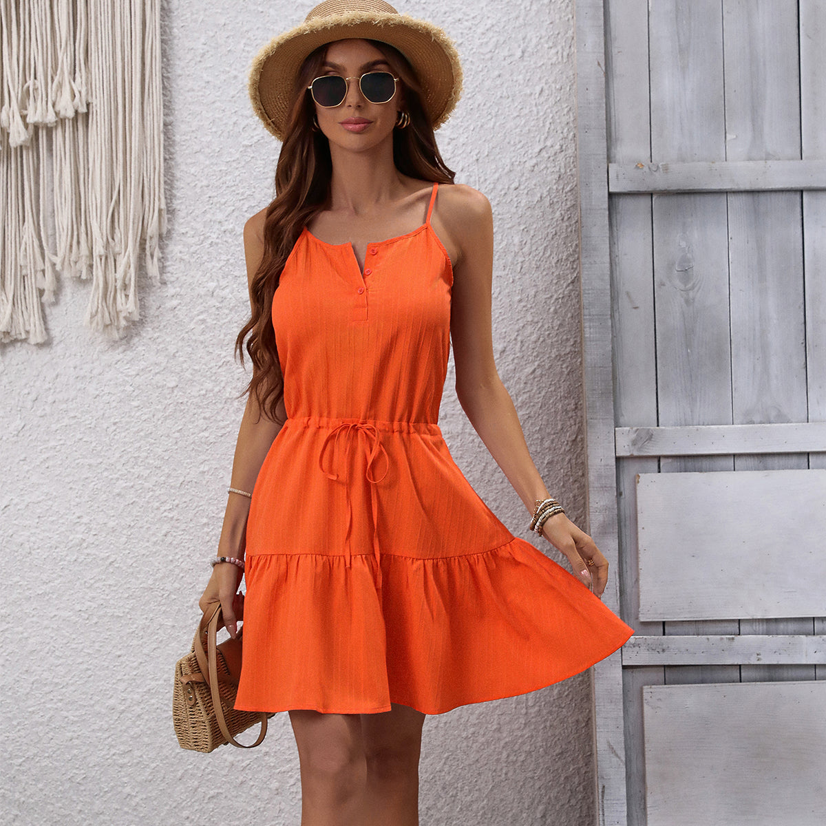 V Neck Solid Color Ruffle Hem Mini Dress