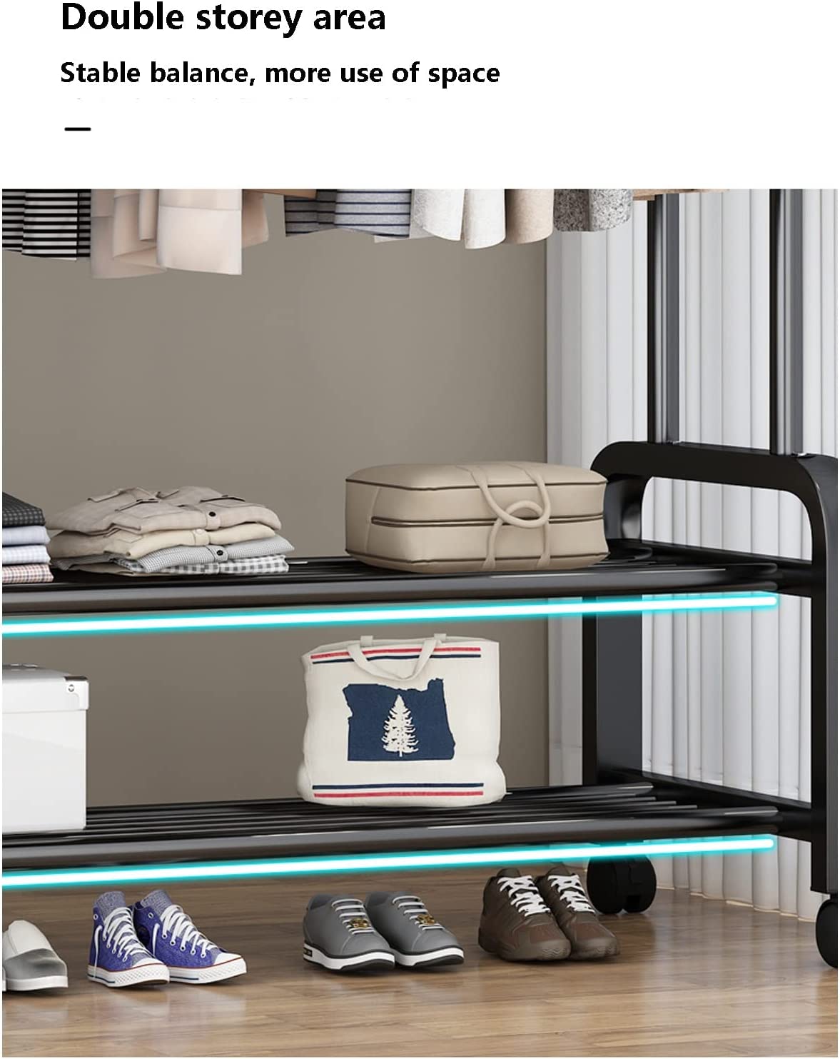 Clothes Rack With Shoe Shelf. Coat Display Stand With 4 Wheels For Bedroom (Color: Black)