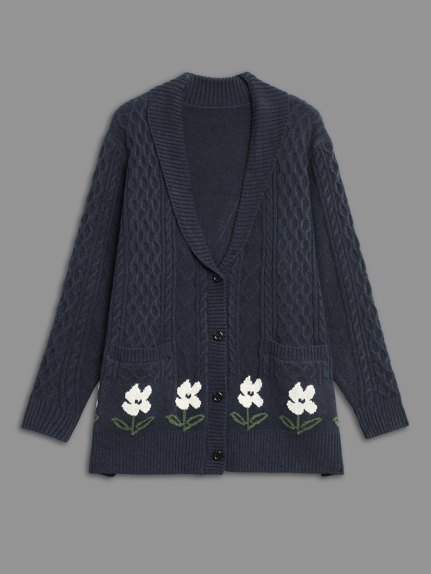 Floral Jacquard Cable Knit Pocket Cardigan