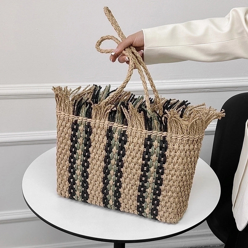 Women's Medium Straw Stripe Vacation Square Open Straw Bag