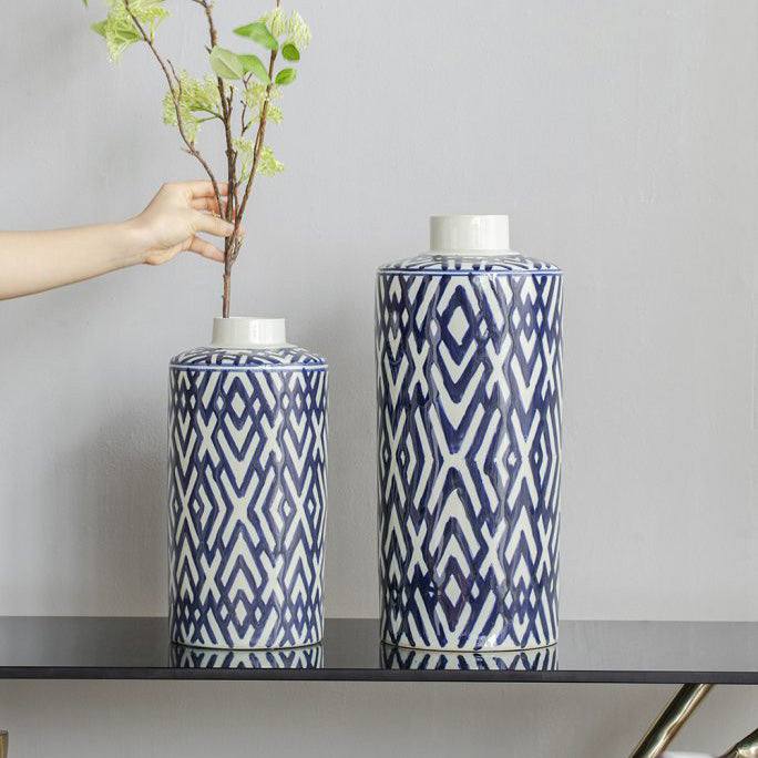 Porcelain Lidded Jar Tall - Blue Chevron