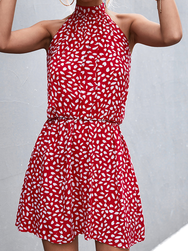 A-Line High Waisted Elasticity Leaves Print Pleated Halter-Neck Mini Dresses