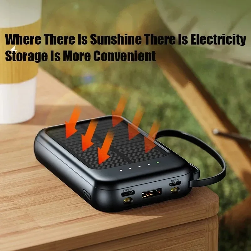 50000mAh Solar Power Bank Built Cables Fast Charger 2 USB Ports External Charger Power Bank  LED Light For Iphone Xiaomi Samsung