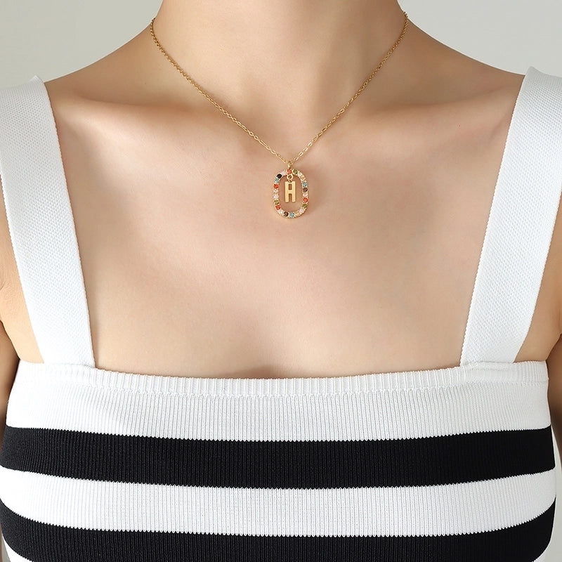 INS Style Letter Oval Titanium Steel Zircon 18K Gold Plated Inlay Necklace