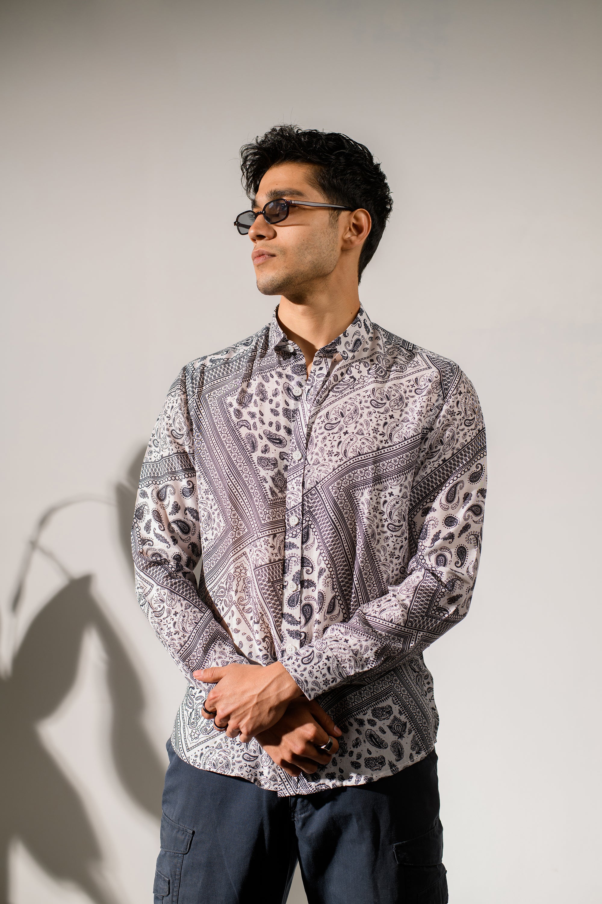Rustic Boho White Bandana  Silk - Oxford Collar Shirt For Men