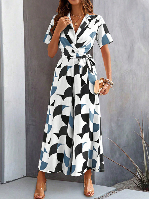 High Waisted Loose Buttoned Contrast Color Tied Waist V-Neck Jumpsuits