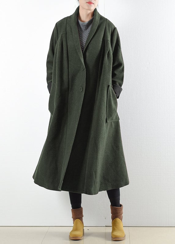 Elegant Green Notched Button Pockets Woolen Trench Coats Long Sleeve