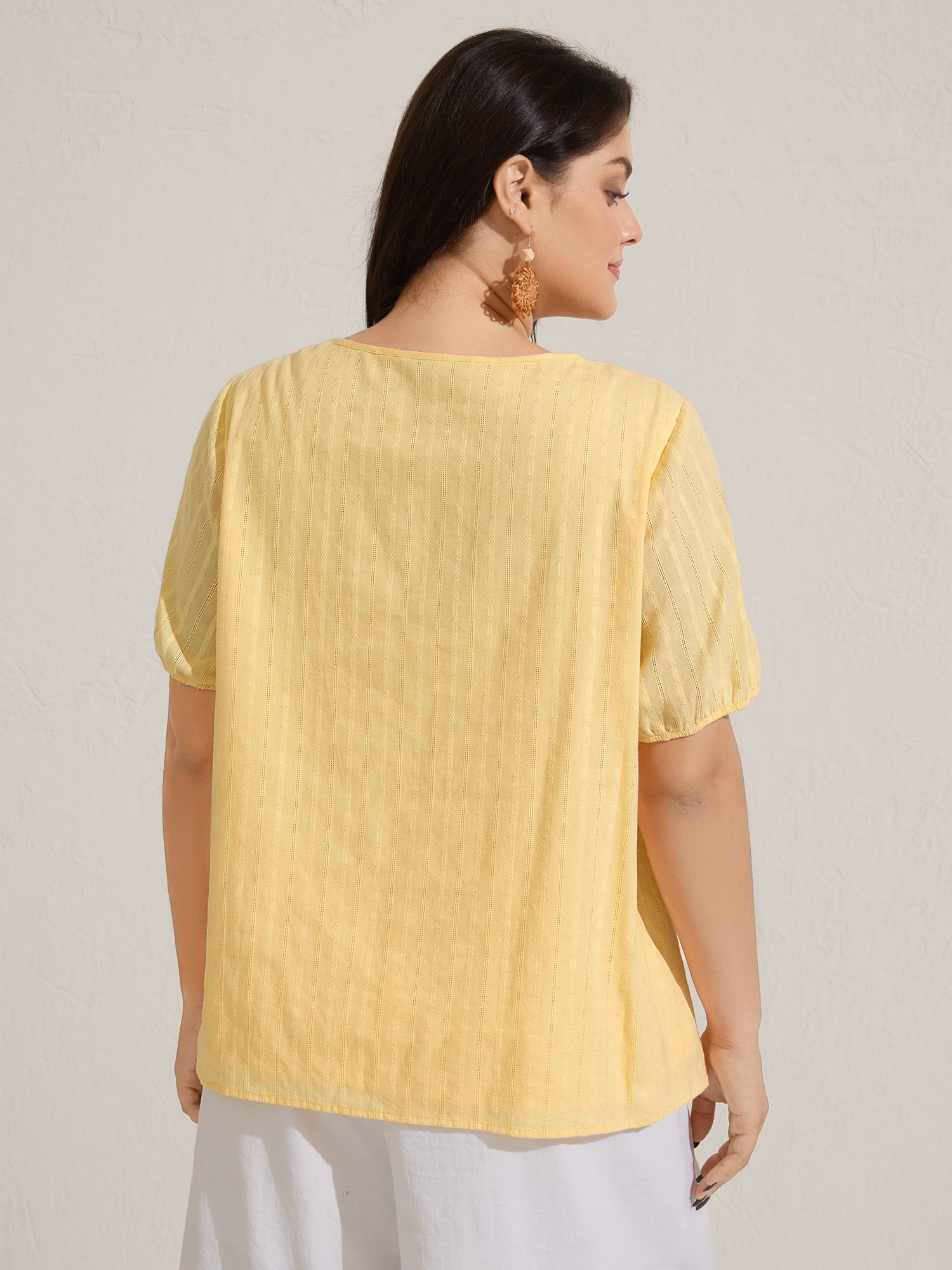 Cotton Textured Lace Trim Neck-Tie Blouse