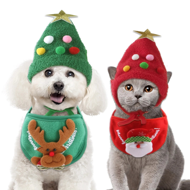 Pet Hat Saliva Towel Dog Christmas Head Cover Christmas Tree Shape Cat Saliva Towel Suit