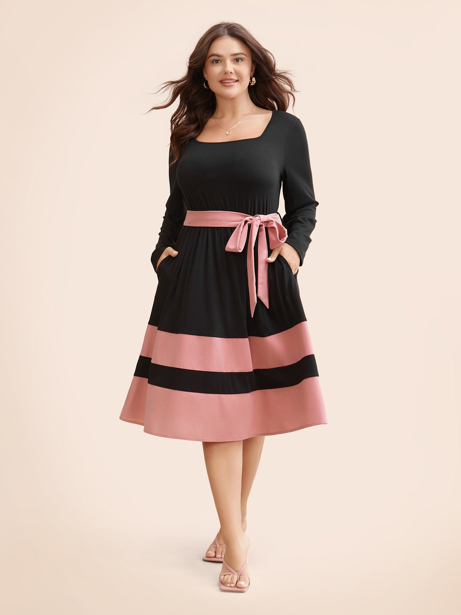 Two Tone Belted Bowknot Square Neck Dress