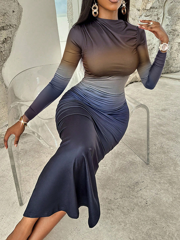 Bodycon High Waisted Contrast Color Gradient Split-Side Heaps Collar Maxi Dresses