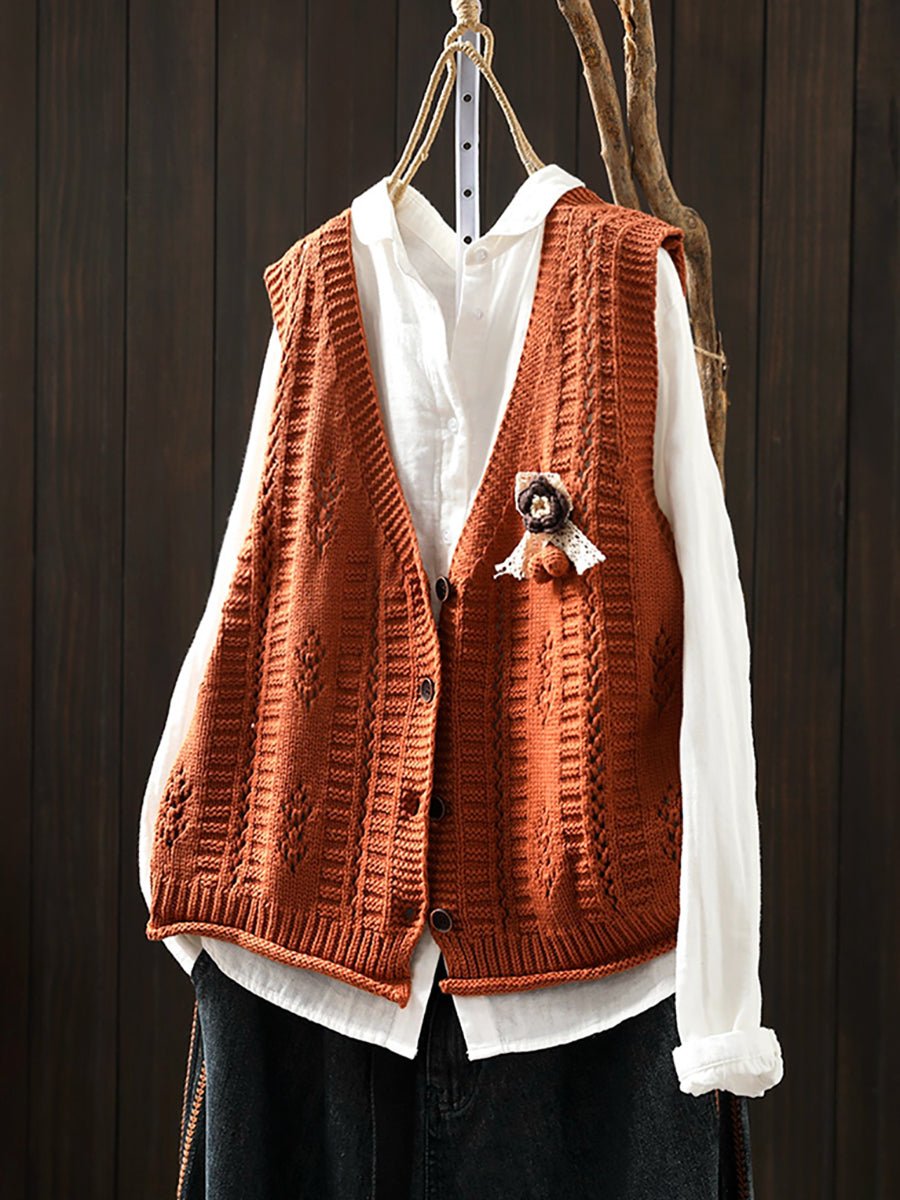 Women Casual Autumn Cotton V-Neck Cable Knit Vest