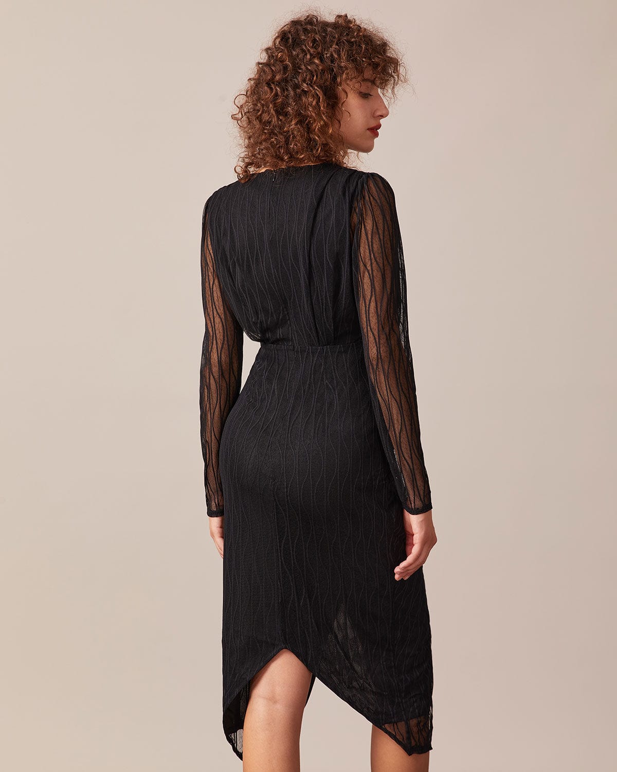 The Black V Neck Sheer Sleeve Lace Midi Dress