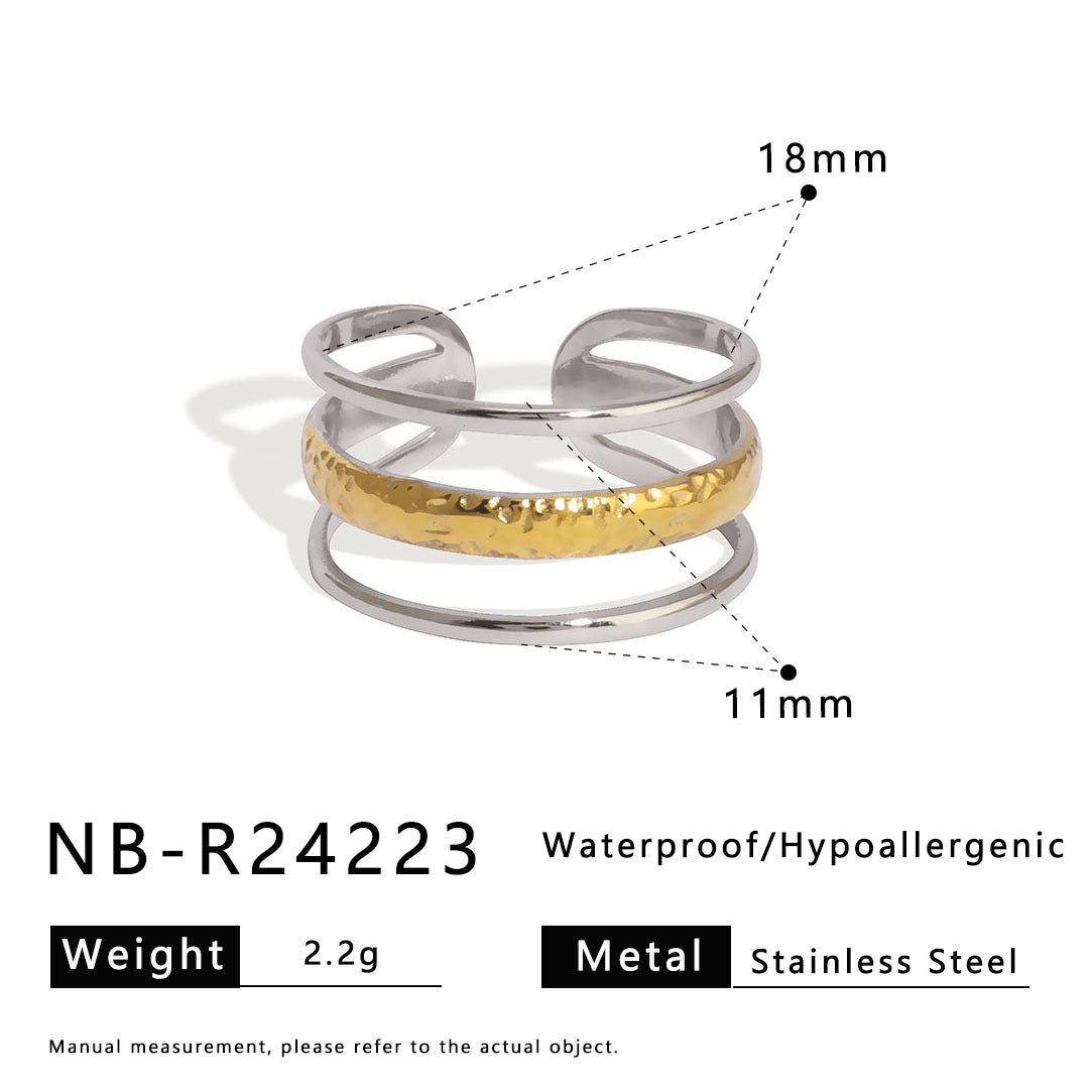 Design Sense Two-Color Hollow Lines Gold Ring Asymmetrical Staggered Exaggerated Stainless Steel Ring Women