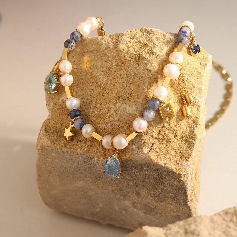 Retro Square Water Droplets Natural Stone Pearl Titanium Steel Inlay Glass Stone Necklace