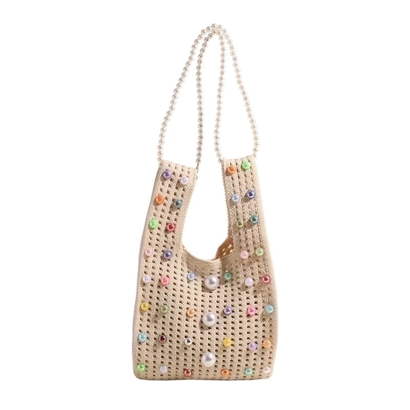 Women's Medium Knit Solid Color Cute Pearls Open Straw Bag