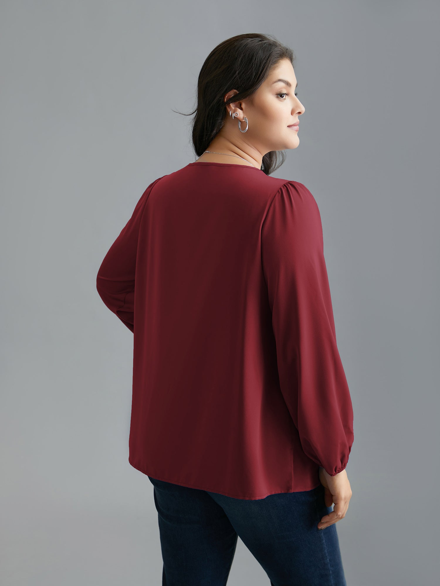 Criss Cross Neckline Puff Sleeve Gathered Blouse