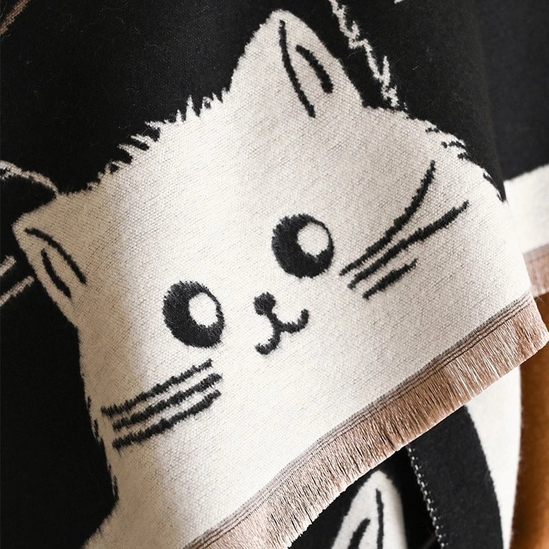 Women's Cute Streetwear Cartoon Cat Cotton Polyester Scarf