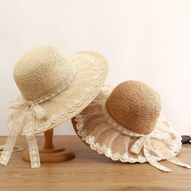 Simple Straw Hat Lace Bows Hat Female Sunshade French Ladies Top Hat