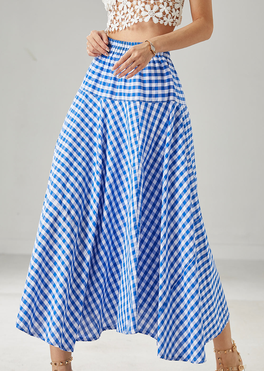 Boho Blue Plaid Exra Large Hem Cotton Skirts Summer