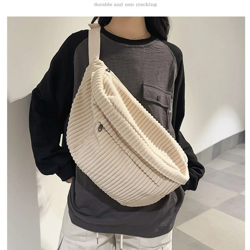 Unisex Corduroy Stripe Solid Color Basic Cloud Shape Zipper Shoulder Bag