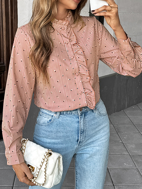 Long Sleeves Loose Buttoned Ruffle Trim Striped Mock Neck Blouses&Shirts Tops