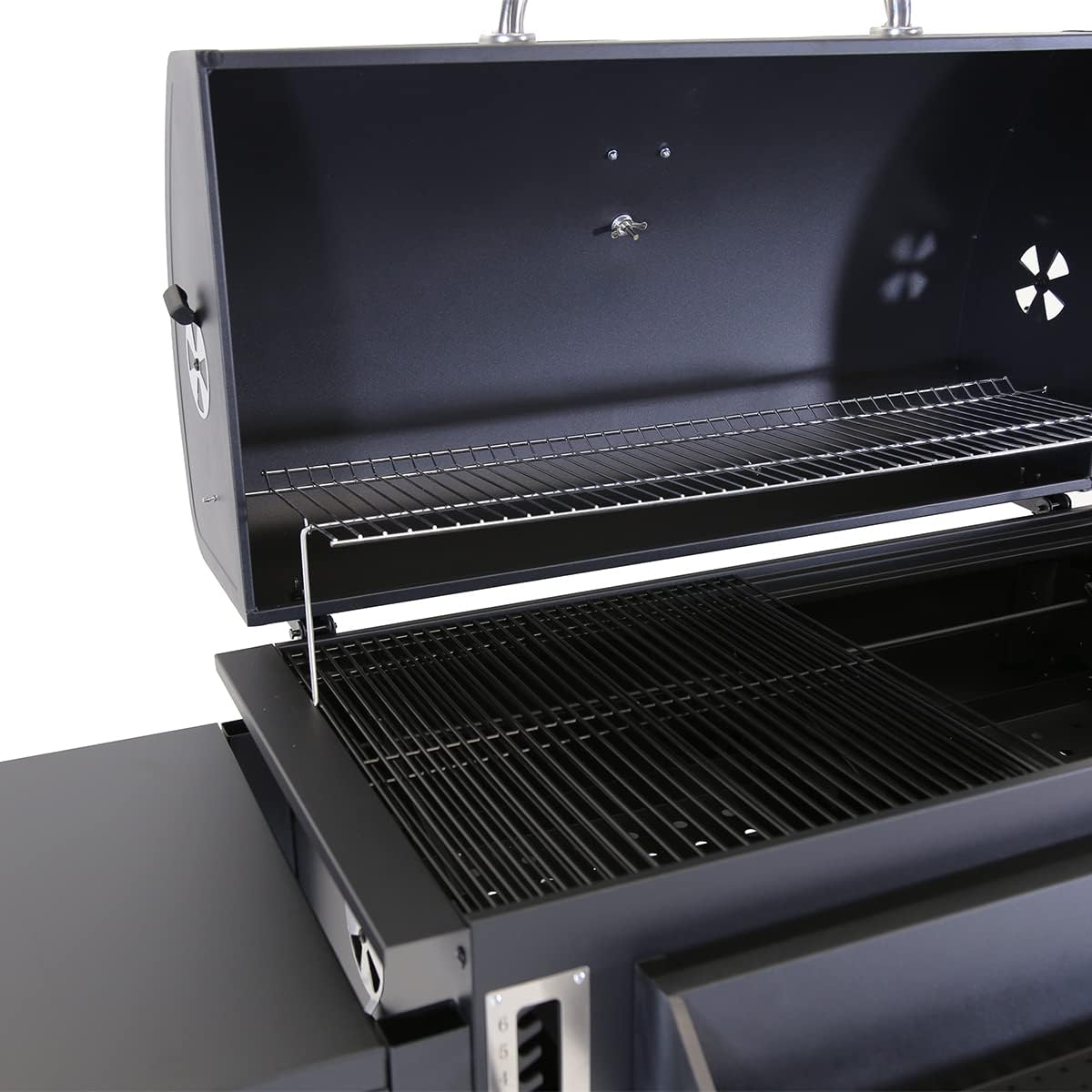 Deluxe American Charcoal BBQ Grill With Thermometer. Side Stands. Bottles Rack. Bottom Shelf