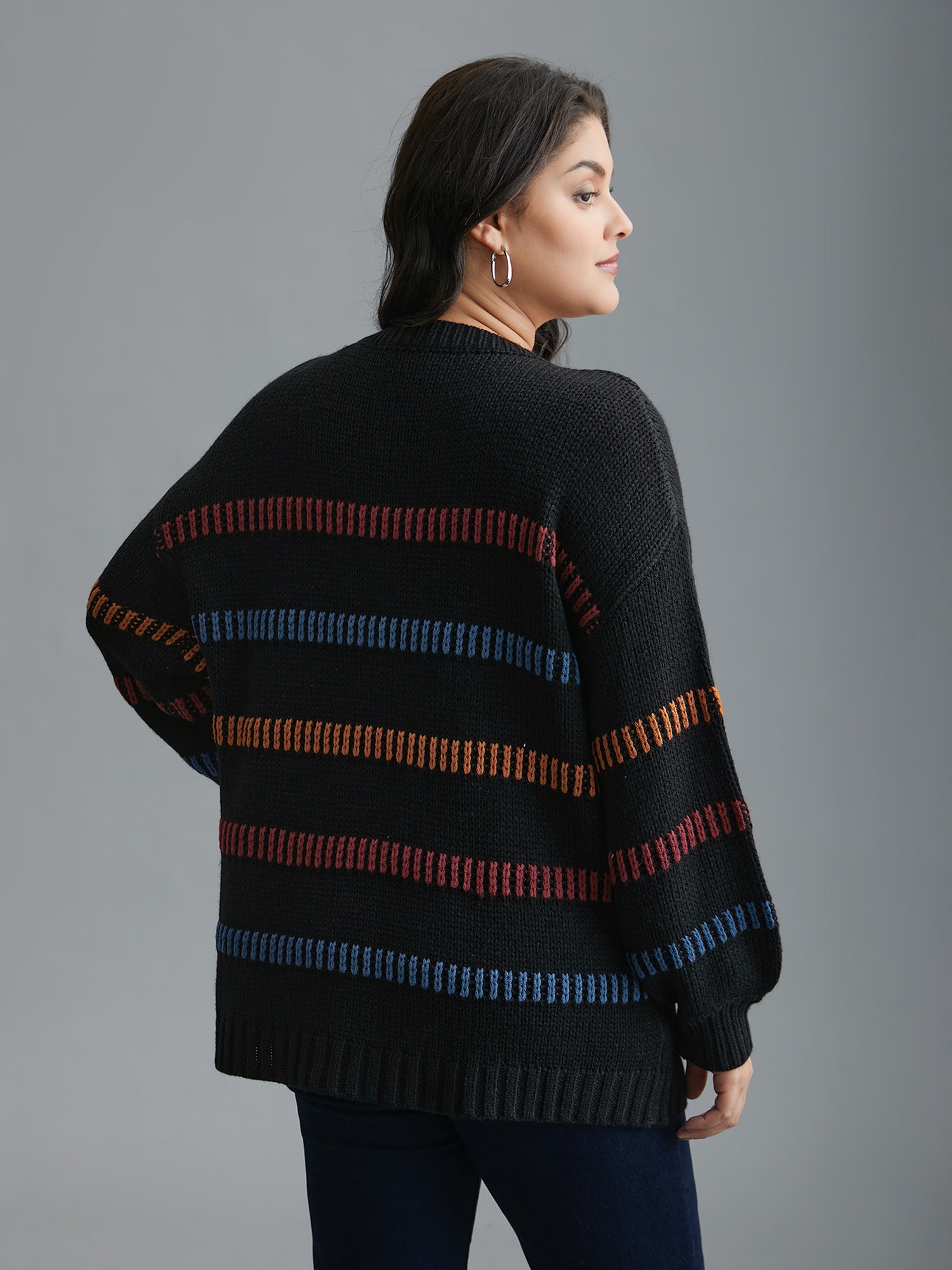 Multi-Color Stripes Textured Crew Neck Pullover