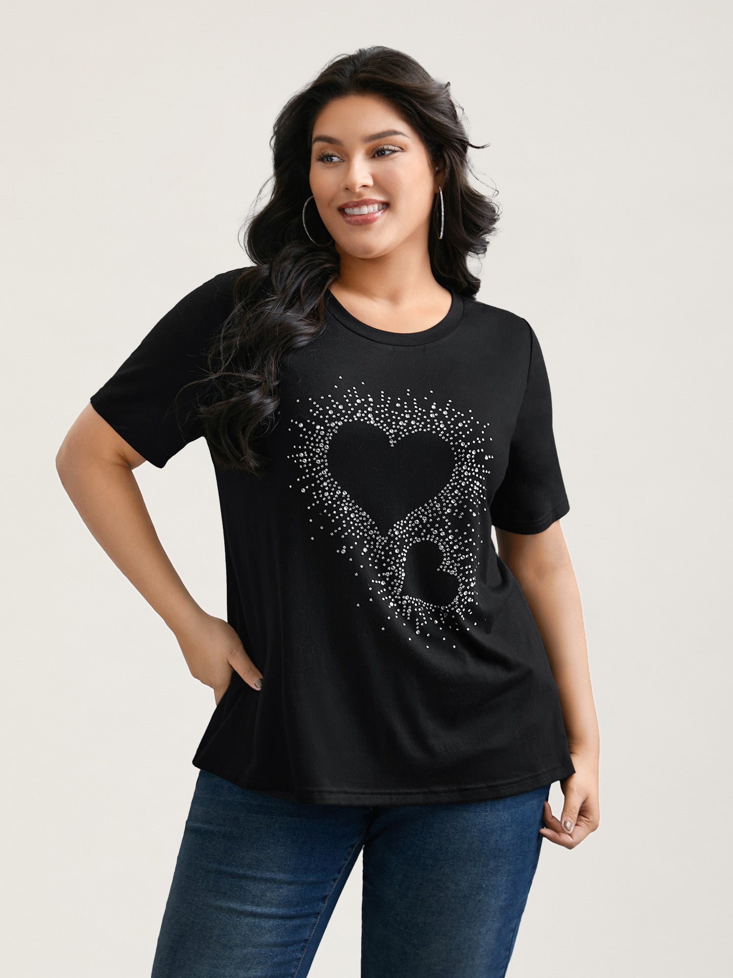 Crew Neck Rhinestone Heart T-Shirt