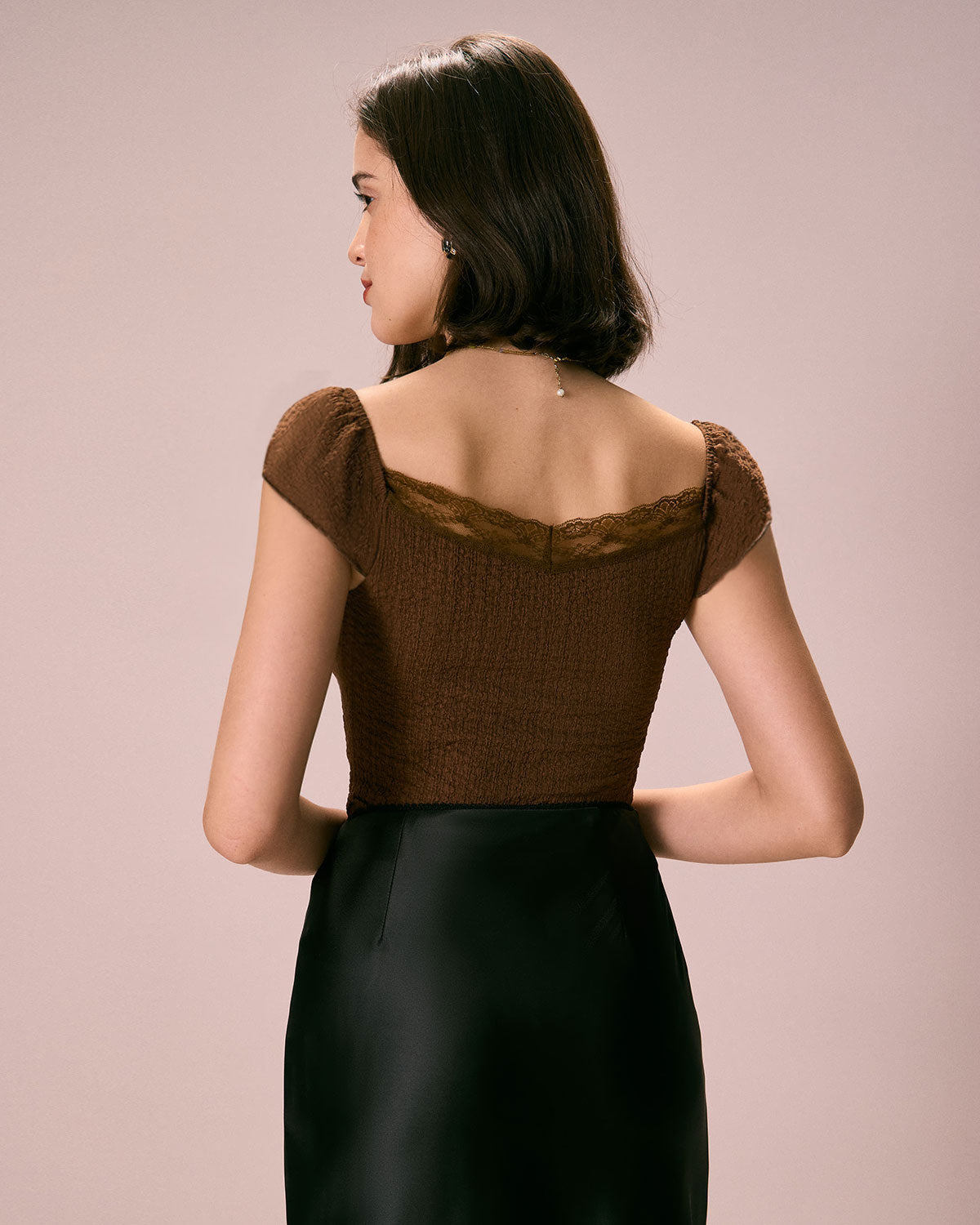 The Coffee V Neck Lace Textured Tee