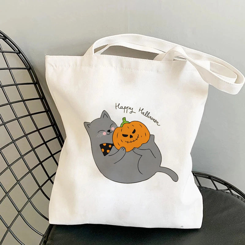 Halloween Unisex Canvas Animal Pumpkin Letter Streetwear Square Open Shoulder Bag Canvas Bag