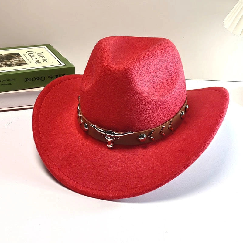 Autumn And Winter Woolen Denim Jazz Felt Hat For Men And Women Cow Head Mark Curled Top Hat Tibetan Sunshade Sunscreen Hat