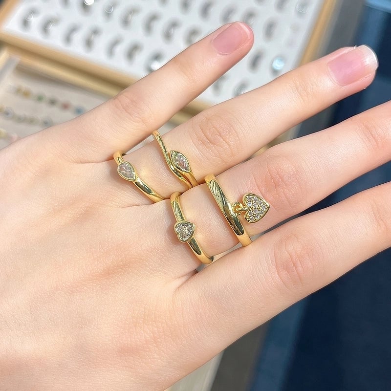 Copper 18K Gold Plated Gold Plated Plating Inlay Water Droplets Heart Shape Zircon Open Rings Rings